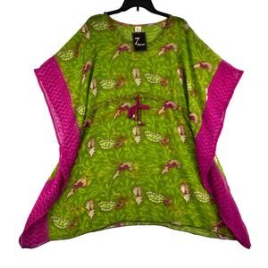 7 Islands Womens OS Sheer Swim Coverup Poncho Beach Pink Green Peacock Print NWT